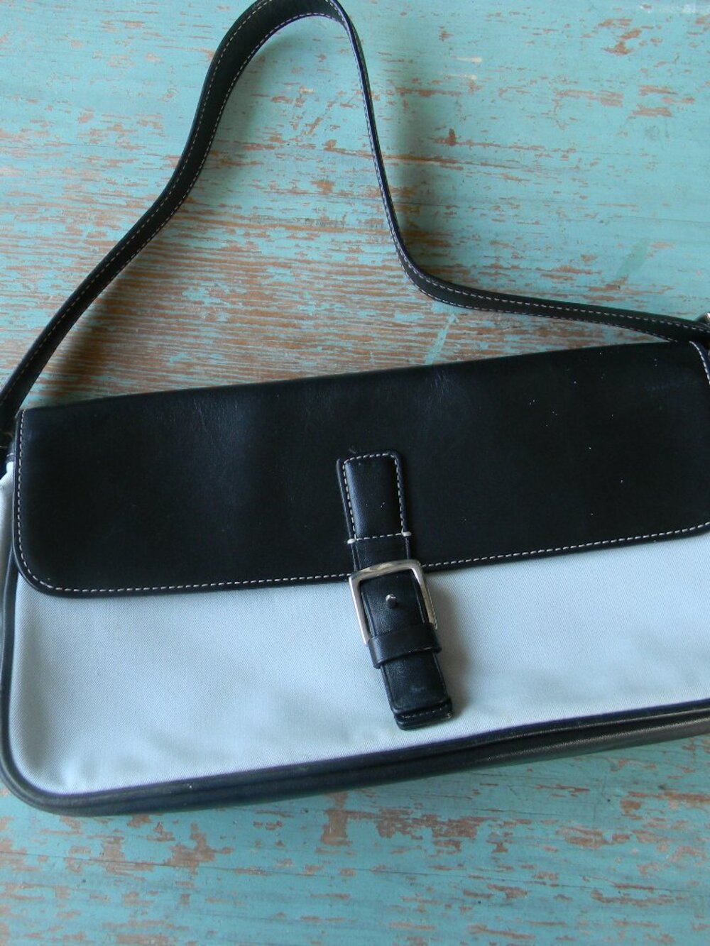 Vintage Coach 7702 Hampton Cream & Black Y2K Leather & Cloth MED Shoulder Bag